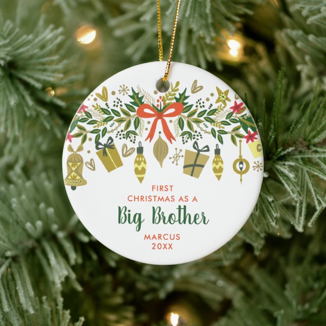 Festive Greenery Personalised 1st Xmas Big Brother Ceramic Ornament (Tree)