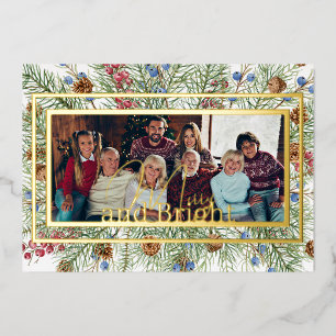 Festive greenery photo Merry and Bright Foil Holiday Card