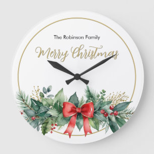 Festive Greenery Red Ribbon Elegant Christmas Large Clock