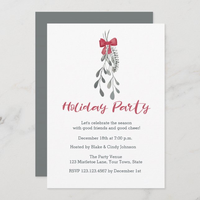 Festive Greens, Red Bow Holiday Party Invitation (Front/Back)