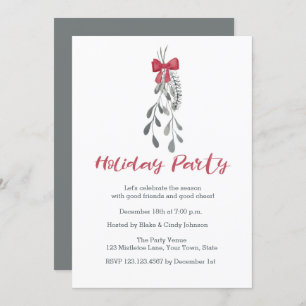 Festive Greens, Red Bow Holiday Party Invitation