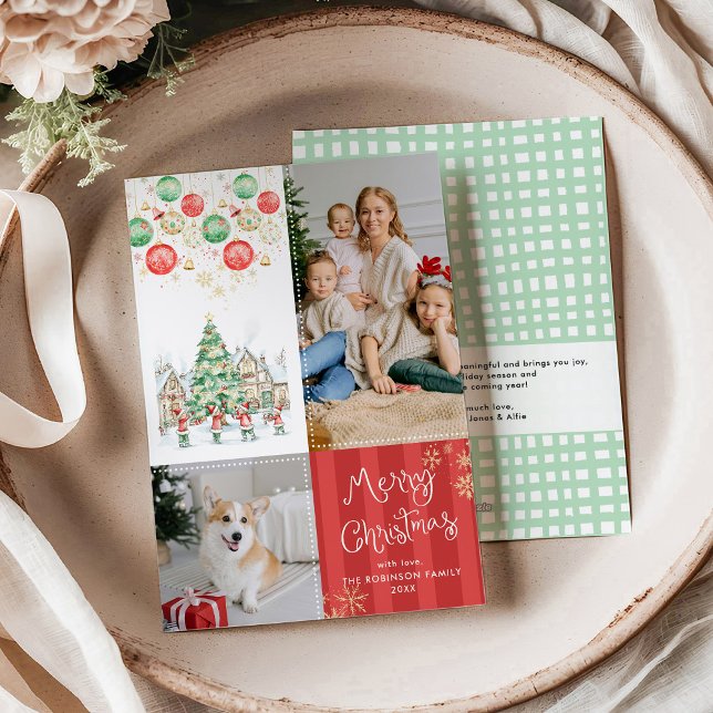Festive Greens Red Stripes Merry Christmas 2 Photo Holiday Card (Creator Uploaded)