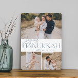 Festive Greeting | 3 Photo Joyous Hanukkah Holiday Card<br><div class="desc">Our festive and elegant Hanukkah card design is the perfect way to show off three of your favourite family photos. Design features "Joyous Hanukkah" in elegant slate blue serif typography and hand lettered script,  with your family name. Cards reverse to a white star pattern.</div>