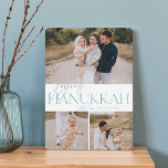 Festive Greeting | 3 Photo Joyous Hanukkah Holiday Card<br><div class="desc">Our festive and elegant Hanukkah card design is the perfect way to show off three of your favourite family photos. Design features "Joyous Hanukkah" in elegant dusty aqua serif typography and hand lettered script,  with your family name. Cards reverse to a white star pattern.</div>