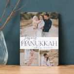 Festive Greeting | 3 Photo Joyous Hanukkah Holiday Card<br><div class="desc">Our festive and elegant Hanukkah card design is the perfect way to show off three of your favourite family photos. Design features "Joyous Hanukkah" in elegant navy blue serif typography and hand lettered script,  with your family name. Cards reverse to a white star pattern.</div>