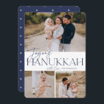 Festive Greeting | 3 Photo Joyous Hanukkah Holiday Card<br><div class="desc">Our festive and elegant Hanukkah card design is the perfect way to show off three of your favourite family photos. Design features "Joyous Hanukkah" in elegant navy blue serif typography and hand lettered script,  with your family name. Cards reverse to a white star pattern.</div>