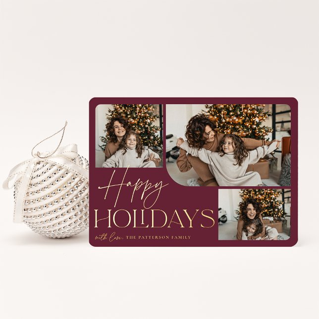 Festive Greeting | Happy Holidays 3 Photo Foil Holiday Card (Creator Uploaded)