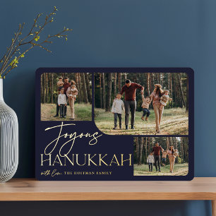 Festive Greeting Joyous Hanukkah 3 Photo Collage Foil Holiday Card