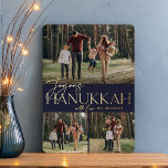 Festive Greeting | Joyous Hanukkah 3 Photo Foil Holiday Card<br><div class="desc">Our festive and elegant Hanukkah card design is the perfect way to show off three of your favourite family photos - one horizontal/landscape and two square. Design features "Joyous Hanukkah" in shining gold foil typography and hand lettered script,  with your family name. Cards reverse to a white star pattern.</div>