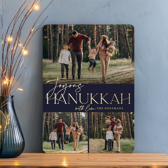 Festive Greeting | Joyous Hanukkah 3 Photo Foil Holiday Card (Creator Uploaded)