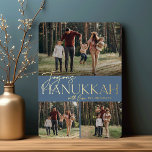 Festive Greeting | Joyous Hanukkah 3 Photo Foil Holiday Card<br><div class="desc">Our festive and elegant Hanukkah card design is the perfect way to show off three of your favourite family photos - one horizontal/landscape and two square. Design features "Joyous Hanukkah" in shining gold foil typography and hand lettered script,  with your family name. Cards reverse to a white star pattern.</div>