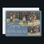 Festive Greeting | Joyous Hanukkah 3 Photo Holiday Card<br><div class="desc">Our festive and elegant Hanukkah card design is the perfect way to show off three of your favourite family photos. Horizontal or landscape orientated design features "Joyous Hanukkah" in white typography and hand lettered script,  with your family name beneath on a dusty slate blue background.</div>
