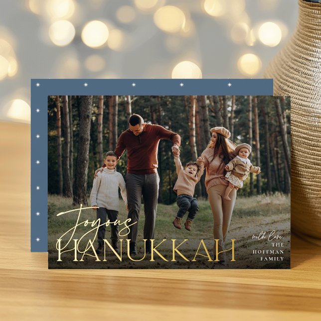 Festive Greeting Joyous Hanukkah Horizontal Photo Foil Holiday Card (Creator Uploaded)