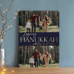 Festive Greeting | Joyous Hanukkah Two Photo Foil Holiday Card<br><div class="desc">Our festive and elegant Hanukkah card design is the perfect way to show off two of your favourite family photos. Design features "Joyous Hanukkah" in shining gold foil typography and hand lettered script,  with your family name. Cards reverse to a white star pattern.</div>