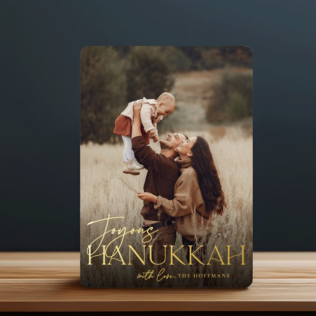 Festive Greeting | Joyous Hanukkah Vertical Photo Foil Holiday Card (Creator Uploaded)