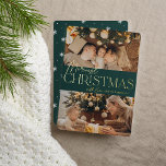 Festive Greeting | Merriest Christmas 2 Photo Foil Holiday Card<br><div class="desc">Our festive and elegant holiday card design is the perfect way to show off two of your favourite family photos. Design features "Merriest Christmas" in shining gold foil typography and hand lettered script,  with your family name. Cards reverse to a white winter snowflake pattern.</div>