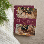 Festive Greeting | Merriest Christmas 2 Photo Foil Holiday Card<br><div class="desc">Our festive and elegant holiday card design is the perfect way to show off two of your favorite family photos. Design features "Merriest Christmas" in shining gold foil typography and hand lettered script,  with your family name. Cards reverse to a white winter snowflake pattern.</div>