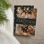 Festive Greeting | Merriest Christmas 2 Photo Foil Holiday Card<br><div class="desc">Our festive and elegant holiday card design is the perfect way to show off two of your favourite family photos. Design features "Merriest Christmas" in shining gold foil typography and hand lettered script,  with your family name. Cards reverse to a white winter snowflake pattern.</div>