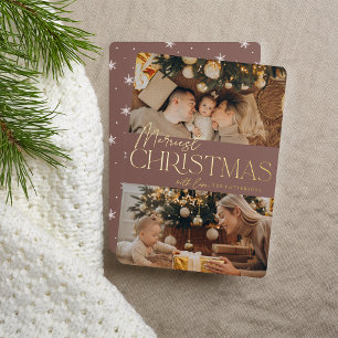 Festive Greeting Merriest Christmas 2 Photo Foil Holiday Card