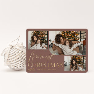 Festive Greeting   Merriest Christmas 3 Photo Foil Holiday Card