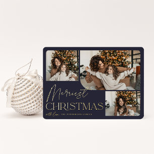 Festive Greeting Merriest Christmas 3 Photo Foil Holiday Card