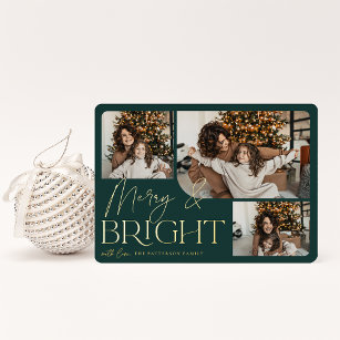 Festive Greeting   Merry & Bright 3 Photo Foil Holiday Card