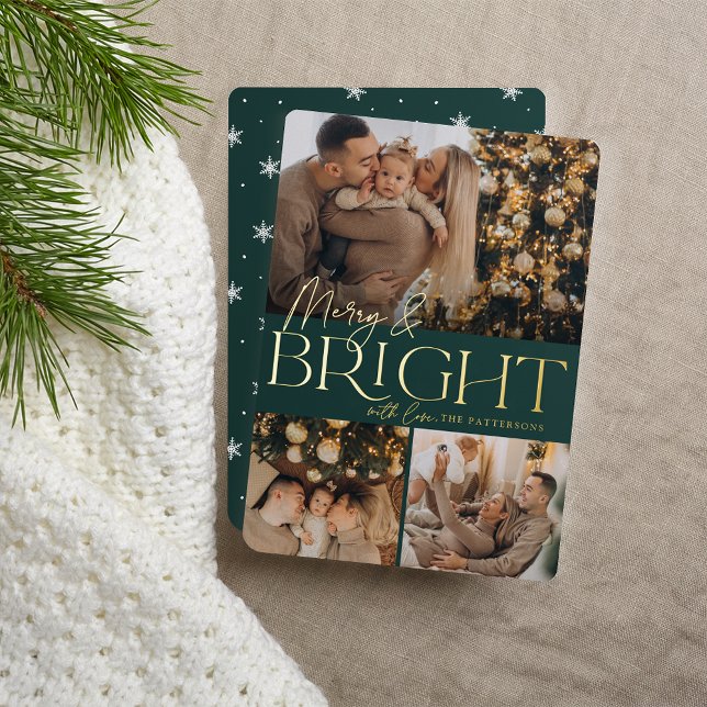 Festive Greeting | Merry & Bright 3 Photo Foil Holiday Card (Creator Uploaded)