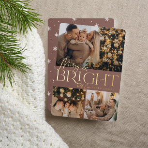 Festive Greeting   Merry & Bright 3 Photo Foil Holiday Card