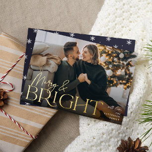 Festive Greeting Merry & Bright Horizontal Photo Foil Holiday Card