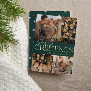 Festive Greeting Season's Greetings 3 Photo Foil Holiday Card