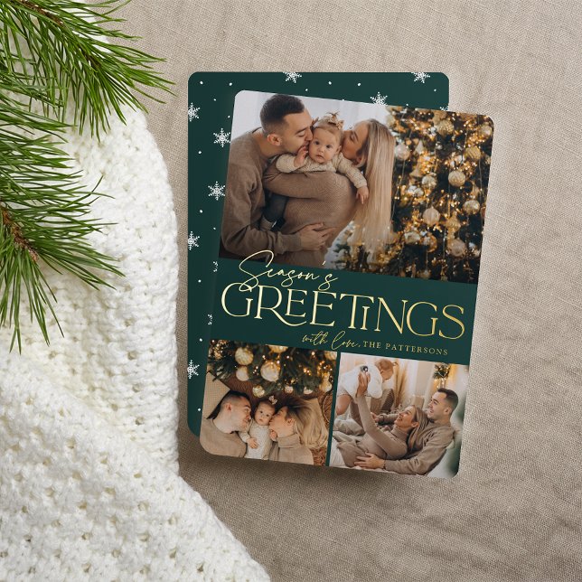 Festive Greeting | Season's Greetings 3 Photo Foil Holiday Card (Creator Uploaded)
