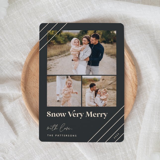 Festive Greeting | Snow Very Merry 3 Photo Holiday Card (Creator Uploaded)