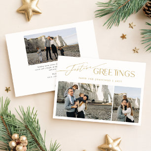 Festive Greetings   Gold White 3 Photo Christmas Holiday Card