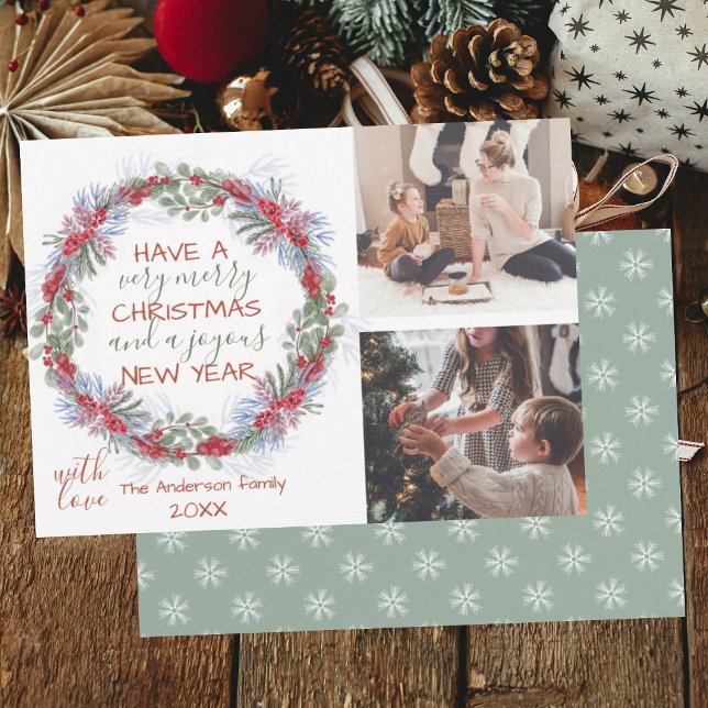 Festive Greetings Merry Christmas Wreath 2 Photo Holiday Card (Creator Uploaded)