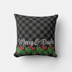 Festive grey black plaid holly leaves berries cushion