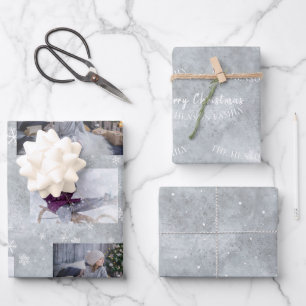 Festive Grey Photo Snowflake Christmas Script Wrapping Paper Sheet