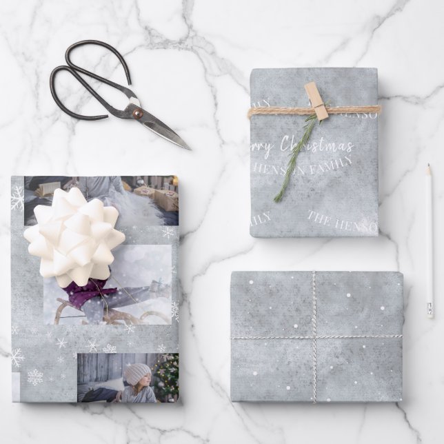 Festive Grey Photo Snowflake Christmas Script Wrapping Paper Sheet (Front)