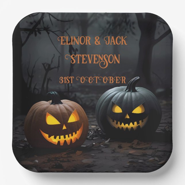Festive Halloween Pumpkins and Floral Pattern Paper Plate (Front)