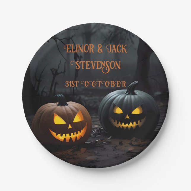 Festive Halloween Pumpkins and Floral Pattern Paper Plate (Front)