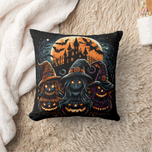 Festive Halloween pumpkins glowing under moonlight Cushion