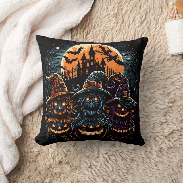 Festive Halloween pumpkins glowing under moonlight Cushion (Blanket)