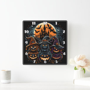Festive Halloween pumpkins glowing under moonlight Square Wall Clock