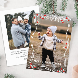 Festive Hand Drawn Christmas Bow Ribbon 2 Photo Holiday Card