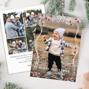 Festive Hand Drawn Christmas Bow Ribbon 5 Photo Holiday Card