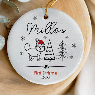 Festive Hand Drawn Doodle Cat First Christmas Ceramic Ornament