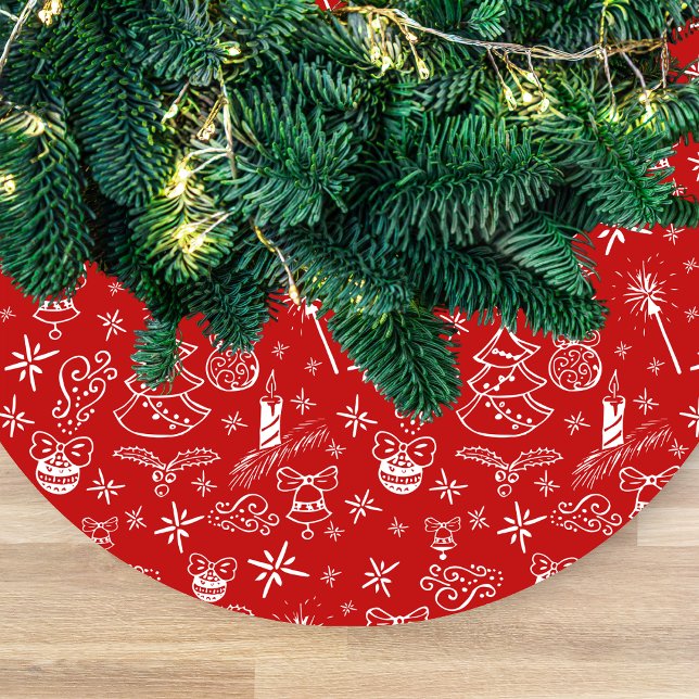 Festive Hand Drawn Doodles Custom Name  Fleece Tree Skirt (Creator Uploaded)
