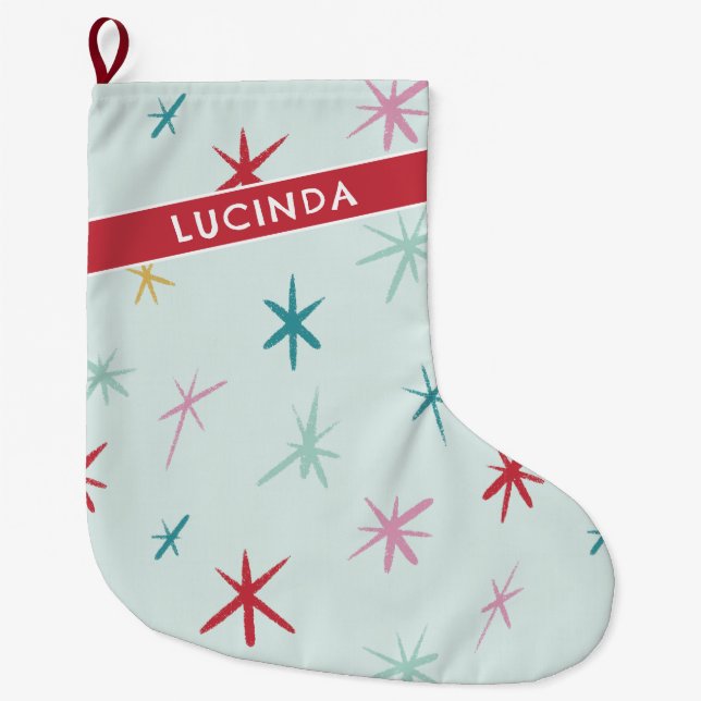 FESTIVE hand drawn star sparkle modern colourful Large Christmas Stocking (Front)