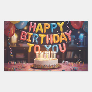 Festive "Happy Birthday" Celebration with Cake Rectangular Sticker