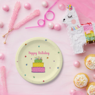 Festive Happy Birthday with Colourful Cake & Confe Paper Plate