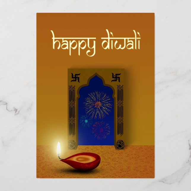 Festive Happy Diwali Fireworks Foil Holiday Card (Front)